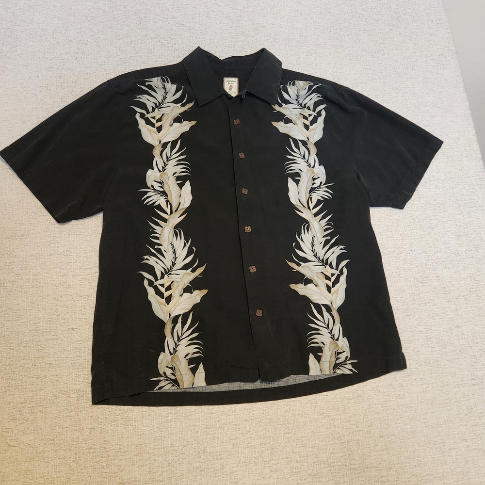 Jamaica Jaxx Silk Button Up Shirt Mens XXL Black Tropical Leaf Hawaiian Camp